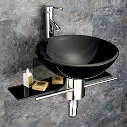 Bathroom Tempered Glass Vessel Sink And Vanity Faucet (BlackType Wall mount glass vanity vessel sink combo setMaterials Glass/stainless steelHardware finish ChromeGlass BlackArtistically inspired Italian and Swiss designed contemporary vanityHigh pres