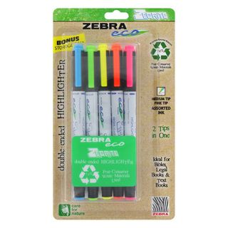 Zebra Eco Zebrite Double ended Assorted Color Highlighters (Chisel tip and fine pointDouble ended HighlightersColors Orange, pink, yellow, green, blueMaterials Plastic, metalRefillable NoPocket clipModel ZEB75005 )