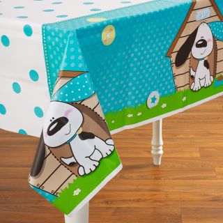 Playful Puppy Blue Plastic Tablecover