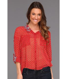 Free People Print Easy Rider Button Up Womens Blouse (Red)