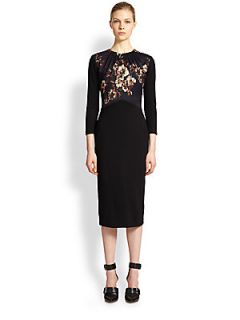 Jason Wu Satin & Crepe Floral Panel Dress   Black