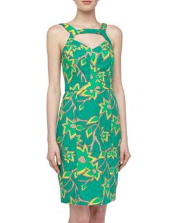 Sleeveless Floral Print Texture Knit Dress, Green Multi