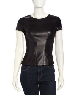 Short Sleeve Paneled Leather Top, Black