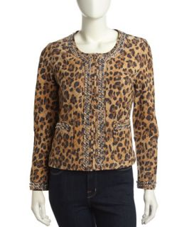 Leopard Print Chain Trim Leather Jacket, Beige