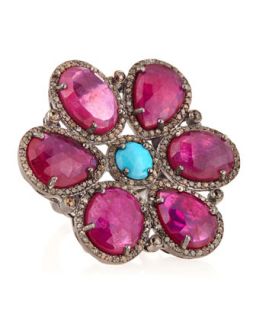 Pavï¿½ Diamond, Ruby & Turquosie Flower Ring