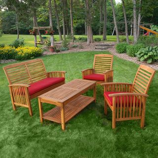 Acacia Wood 4 piece Patio Set (NaturalMaterials Solid Acacia woodFinish SmoothWeather, mildew, and insect resistant YesUV protection YesCoffee table dimensions 20.5 inches high x 47 inches wide x 20 inches deepChair dimensions 37 inches high (seat 
