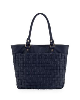 Faux Leather Woven Tote, Navy