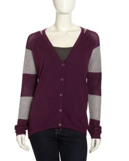 Striped Back V Neck Cardigan, Mulberry Combo