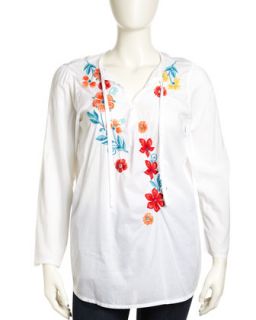 Embroidered Tie Neck Tunic, White, Womens