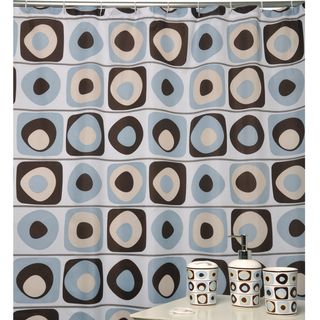 Vintage Square Blue Shower Curtain And Bath Accessory 16 piece Set (Blue, Brown, Tan & WhiteMaterials Shower curtain is 100 polyester, accessories are ceramic and twelve (12) hooks are plastic hooksDimensions Lotion/soap dispenser 7.5 inches high x 3.5