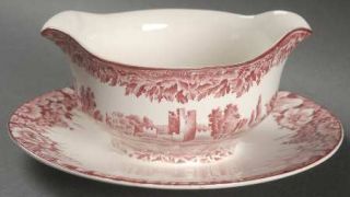Enoch Wood & Sons Castles Red Gravy Boat with Attached Underplate, Fine China Di