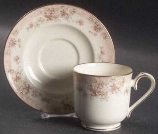 Noritake Parkhill Footed Cup & Saucer Set, Fine China Dinnerware   Pink Band,Rus