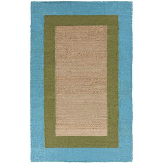 Hand woven Bright Blue Border Natural Fiber Jute Rug (2 X 3)