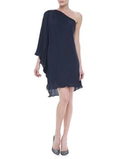 Pleated One Shoulder Dress, Navy