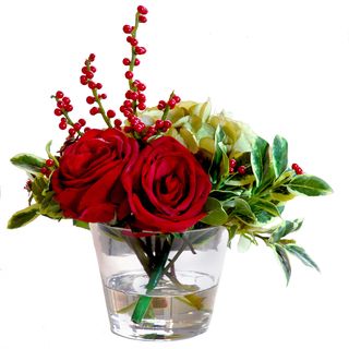 Holiday Rose Hydrangea Glass Vase 14 inch Red