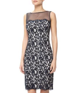 Filigree Lace Illusion Cocktail Dress, Navy/Ivory