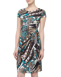 Art Deco Print Side Gathered Dress, Chai