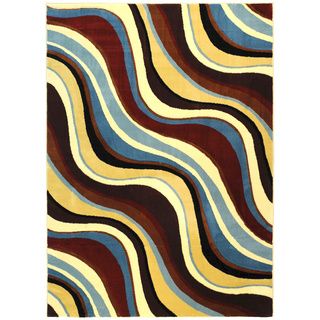 Hand carved Geometric Waves Blue/ Brown Area Rug (53 X 72)