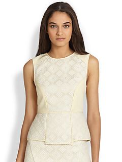 Tibi Satin & Tweed Patchwork Peplum Top   Ivory