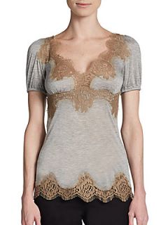 Lace Trimmed Knit Top   Grey Brown