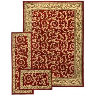 French Scrolls Red 3 piece Rug Set (PolypropyleneLatex NoConstruction method Machine madePile height 0.4 inchesStyle TransitionalPrimary color RedSecondary color IvoryPattern OrientalRug SizesLarge 5 feet wide x 7 feet longRunner 22 inches wide 