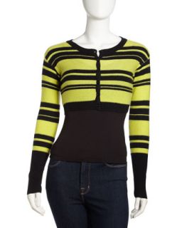 Striped Cropped Cashmere Cardigan, Black/Lime