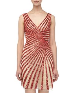 Fanned Sequined Cocktail Dress, Nude/Red