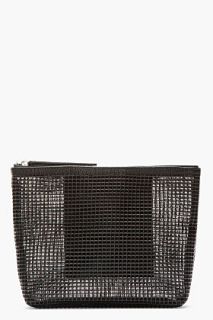 Kara Black Pebbled Leather And Doubled Mesh Clutch