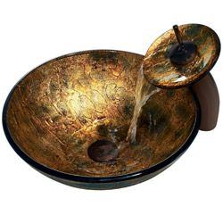 Vigo Copper Shapes Vessel Sink And Waterfall Faucet (Copper ShapesExterior dimensions 6 inches high x 16.5 inches in diameterInterior dimensions 5.5 inches high x 15.5 inches in diameterDrain opening dimensions 1.375 inches in diameterSolid tempered gl