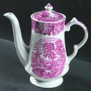 Enoch Wood & Sons English Scenery Pink (Pink Stamp,Swirl) Coffee Pot & Lid, Fine