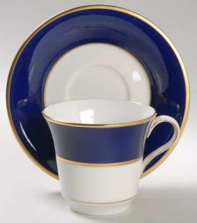 Castleton (USA) Indigo Flat Cup & Saucer Set, Fine China Dinnerware   Gold Trim/