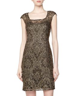 Metallic Embroidered Lace Cocktail Dress, Black/Gold