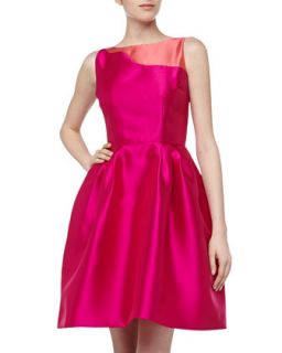 Sleeveless Colorblock Sateen Dress, Fuchsia/Coral
