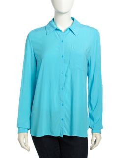 Long Sleeve Sandwashed Button Down Blouse, Turquoise