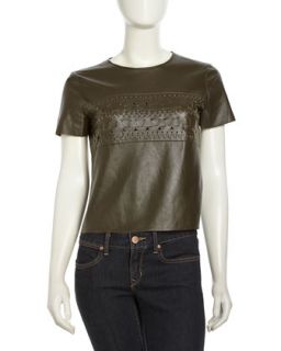 Boxy Leather Woven Top, Olive