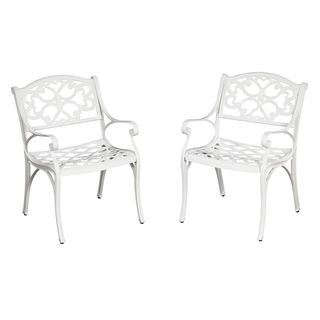 Biscayne Cast Aluminum White Outdoor Arm Chairs (set Of 2) (WhiteMaterials Cast aluminum Finish WhiteCushions included NoWeather resistant YesHand antiqued powder coat finish sealed with a clear coat for protection Nylon glides on all legsSeat height