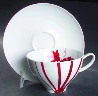 Mikasa Pure Red Flat Cup & Saucer Set, Fine China Dinnerware   Red Floral Off Ce