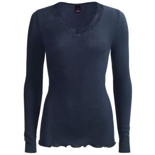 Calida Kirstin V Neck Shirt   Wool Silk  Long Sleeve (For Women)   BLACK IRIS (L )