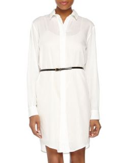 Button Front Long Sleeve Chiffon Shirt Dress, White