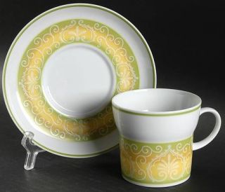 Noritake Mo Bay Flat Cup & Saucer Set, Fine China Dinnerware   Green/Yellow Band