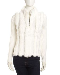 Zipped Rabbit Fur Sweater, Ivory