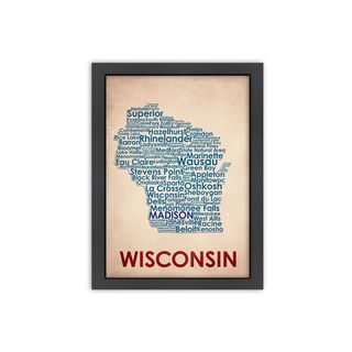 Wordmaps Wisconsin Framed Print (LargeSubject ContemporaryFrame Black wood frame with Italian Gesso Coating, d ring hangar with on a masonite back complete with turn buttonsMedium Giclee print on natural whiteImage dimensions 18 inches x 24 inchesOute