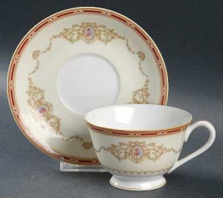 Noritake N662 Footed Cup & Saucer Set, Fine China Dinnerware   Red Edge,Floral M
