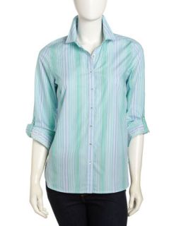 Tabbed Sleeve Striped Blouse, Blue