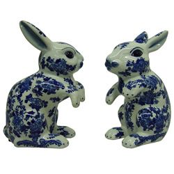 Blue And White Porcelain Rabbits (set Of 2)
