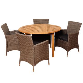 Margaret 5 piece Teak/ Wicker Outdoor Dining Set (Light brown/ greyMaterials 100 percent solid teak and synthetic wickerFinish TeakCushions included YesWeather resistant YesUV protection YesTable dimensions 29 inches high x 48 inches wide x 48 inche