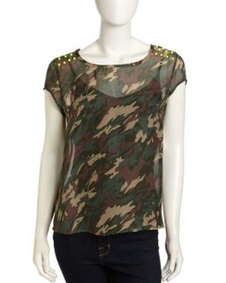 Camouflage Print Studded Tank, Green